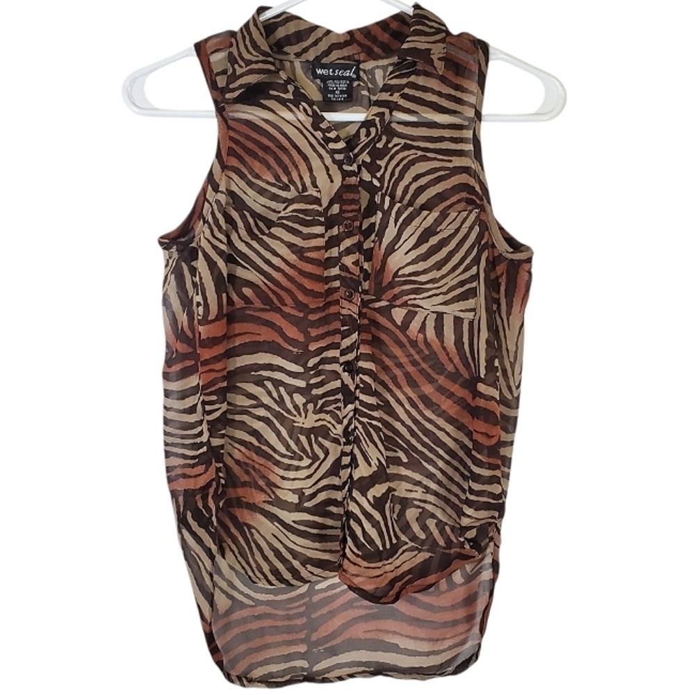 2346 * Wet Seal Sheer Animal Print Sleeveless Button Down Tan Brown Size XS